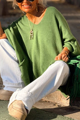 Fashion V-neck Loose Pocket Mid-length Knitted Poncho Sweater