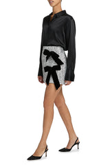 Holiday Party Sequin Velvet Bow Detail High Rise Stretch Mini Skirt