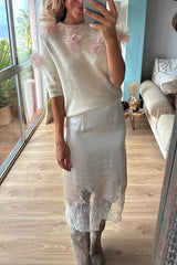 Alboran Knit Organza Flowers Detail Short Sleeve Loose Sweater