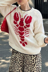 Fashion Lobster Print Crew Neck Casual Knitted Sweater