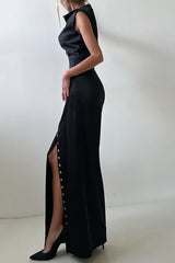 Solid Color Casual Sleeveless Crop Top and Elegant Button-down Maxi Skirt Set