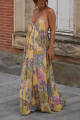 Plant Print Halter Back Loose Holiday Maxi Dress