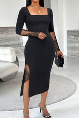 Sexy Lace Paneled Square Neck Slim-fit Slit Midi Dress