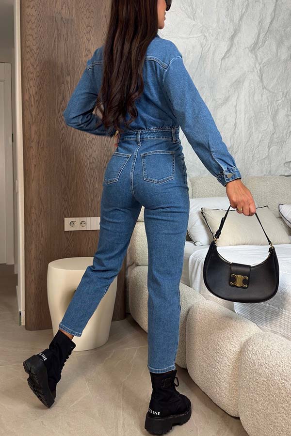 Downtown Diva Denim Button Up Long Sleeve Pocket Shirt Overalls Jumpsuit