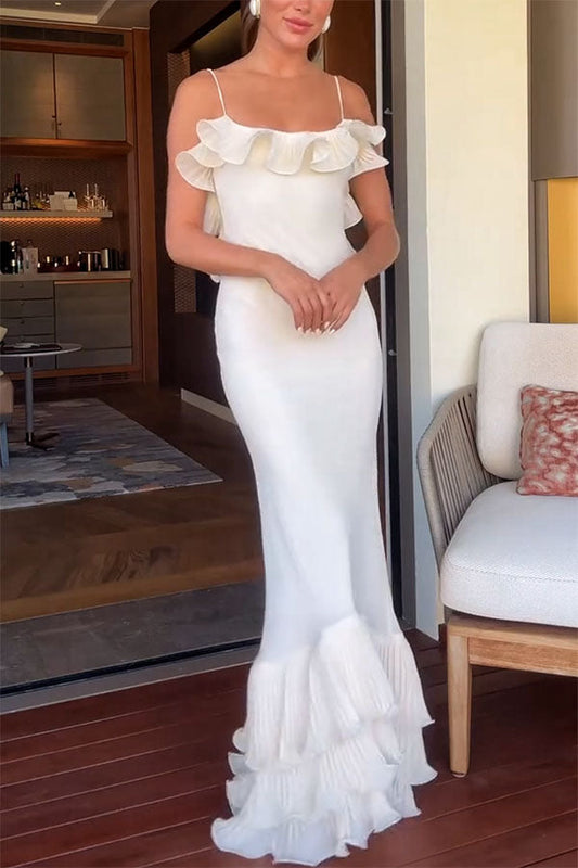 Alisin Pleated Chiffon Wavy Ruffles Trim Slip Maxi Dress