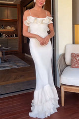 Alisin Pleated Chiffon Wavy Ruffles Trim Slip Maxi Dress