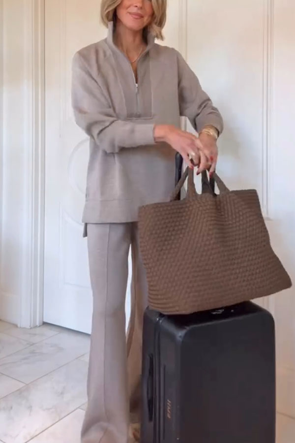 Alfia Ribbed Stand Zipper Neck Long Sleeve Sweatshirt and Button Elastic Waist Pocketed Loose Pants Set