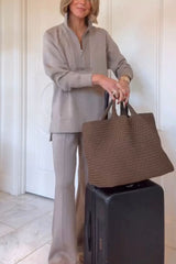 Alfia Ribbed Stand Zipper Neck Long Sleeve Sweatshirt and Button Elastic Waist Pocketed Loose Pants Set