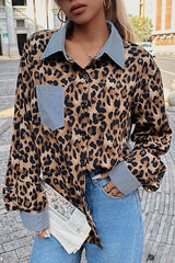 Stylish Striped Leopard Print Patchwork Loose Casual Long-sleeved Shirt