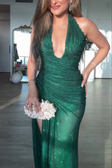 Edeita Sequin Pleated Design Deep Halter U-neck Slit Drape Gown Maxi Dress