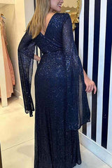Shine Brighter Sequin Cape Sleeve Cross Waist Evening Maxi Dress