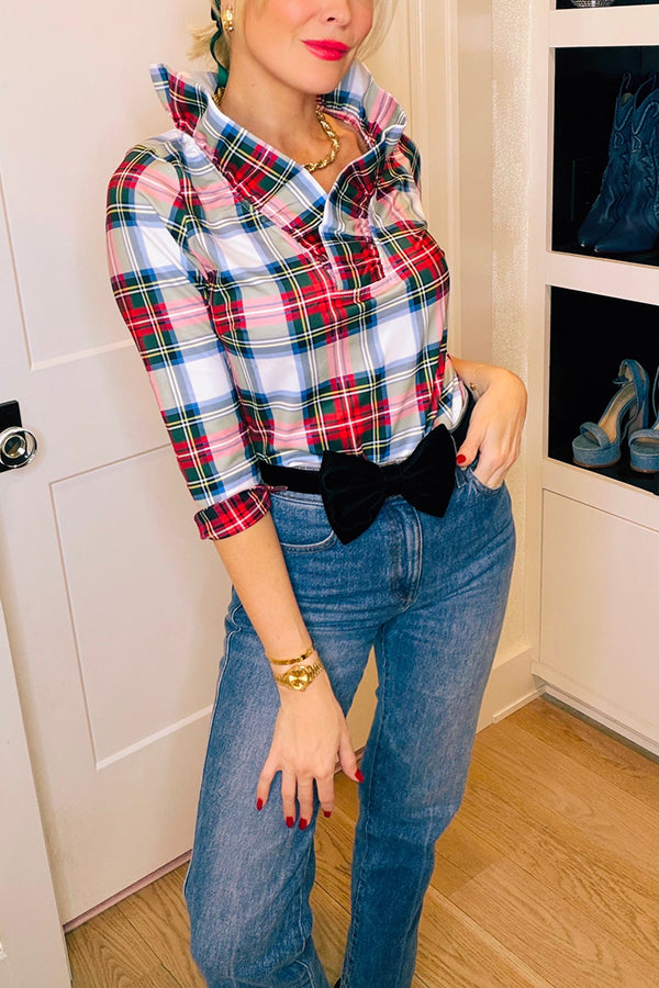 Duke of York Holiday Plaid Ruffle Stand Neck Half Sleeve Blouse