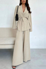 Solid Color Collared Long-sleeved Tie-wst Loose Top and Elastic Wst Casual Wide-leg Pants Set
