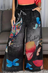 Butterfly Print Casual Elastic Waist Pocket Faux Denim Straight-Leg Pants