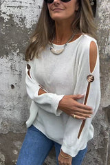 Solid Color Round Neck Hollow Long Sleeve Loose Knitted Sweater