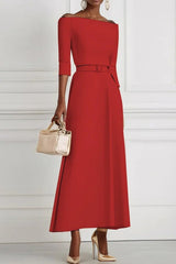 Solid Color Off-the-shoulder Waist-tied Elegant Midi Dress