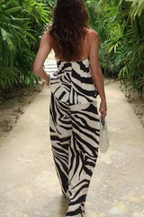 Zebra Print Halter Neck Backless Button-Down Top