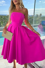 Sweet Cascade Solid Color Off Shoulder Pocket Full Hem Midi Dress