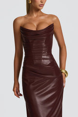 Alba Faux Leather Pleated Off Shoulder Neck Slit Stretch Maxi Dress