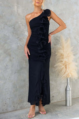 Fashion One-shoulder Pleated Sexy High Slit Slim Dress