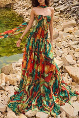 Vacay Vibes Colorful Lava Print Off Shoulder Smocked Scarf Maxi Dress