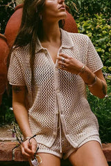 Fashionable Hollow Short-sleeved Casual Top and Elastic Waist Drawstring Shorts Set