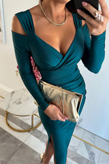 Elegant Era Satin Cold Shoulder Ruched Slit Bodycon Midi Dress