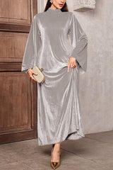 Solid Color Velvet Bell Sleeves Tie Waist Elegant Maxi Dress