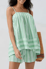 Striped Print Suspender Loose Pocket Top and Elastic Waist Casual Shorts Set