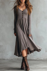 Solid Color V-neck Long-sleeved Casual Knit Midi Dress