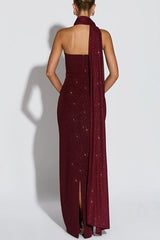 Pandra Glittery Crepe Fabric Off Shoulder Ruched Slit Cape Maxi Dress