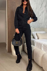 Downtown Diva Denim Button Up Long Sleeve Pocket Shirt Overalls Jumpsuit