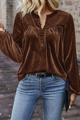 Solid Color Velvet V-neck Long-sleeved Loose Button Top