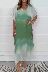 Fashion Tie-dye Casual V-neck Short-sleeved Loose Maxi Dress