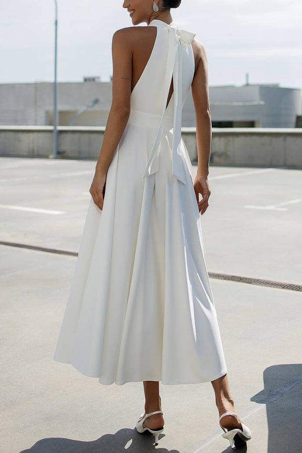 Solid Color Halter Neck Bow Tie Elegant Waist-cinching Midi Dress