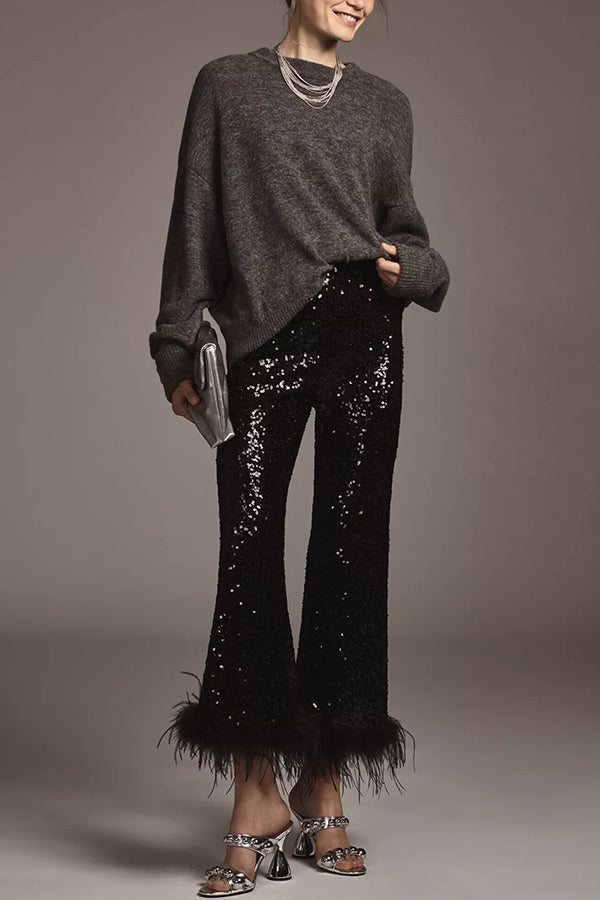 New Year Eve Sequin Feather Trim High Rise Back Zipper Flare Pants