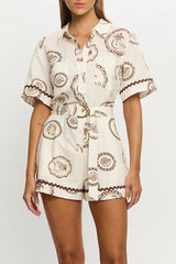 Resort Style Print Lapel Short Sleeves Casual Pocket Waist Tie Loose Rompers