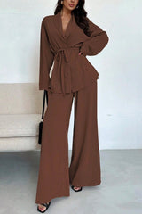 Solid Color Collared Long-sleeved Tie-wst Loose Top and Elastic Wst Casual Wide-leg Pants Set