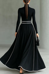 Stylish Color-blocked Trim High-neck Long-sleeved Casual Pockets Maxi Dress