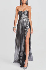 Metallic Sexy Tube Top Pleated High Slit Maxi Dress