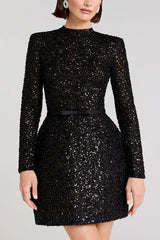 Edie Sequin High Neck Long Sleeve Satin Bow Belted Tulip Mini Dress