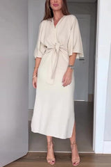 Solid Color V-neck Half-sleeve Casual Waist-tied Midi Dress