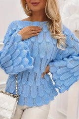 Elegant Feather Hollow Loose Bell Sleeve Knitted Sweater