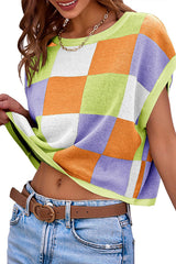 Fashionable Checkerboard Color Block Short-sleeved Loose Sweater