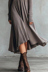 Solid Color V-neck Long-sleeved Casual Knit Midi Dress