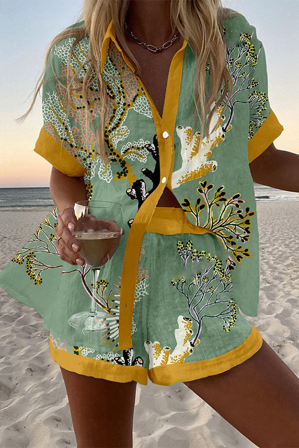Twig Print Loose Button Elastic Waist Shorts Set