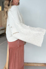 Solid Color Hollow Loose Round Neck Bat Sleeve Knitted Sweater
