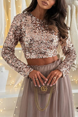 Holiday Party Sequin Long Sleeve Back Satin Tie-up Crop Top