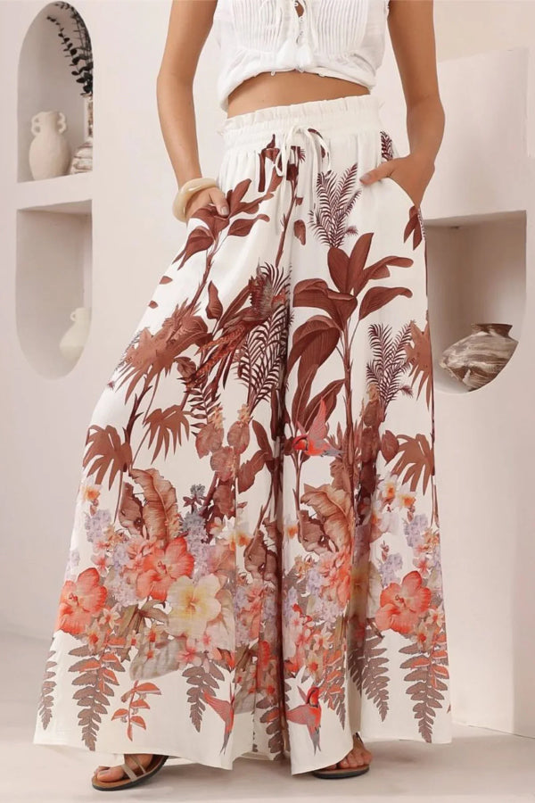 Leaf Print Casual Elastic Waist Pocket Loose Wide-leg Pants