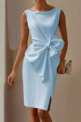 Solid Color Bow Decoration Round Neck Sleeveless Knee-Length Mini Dress